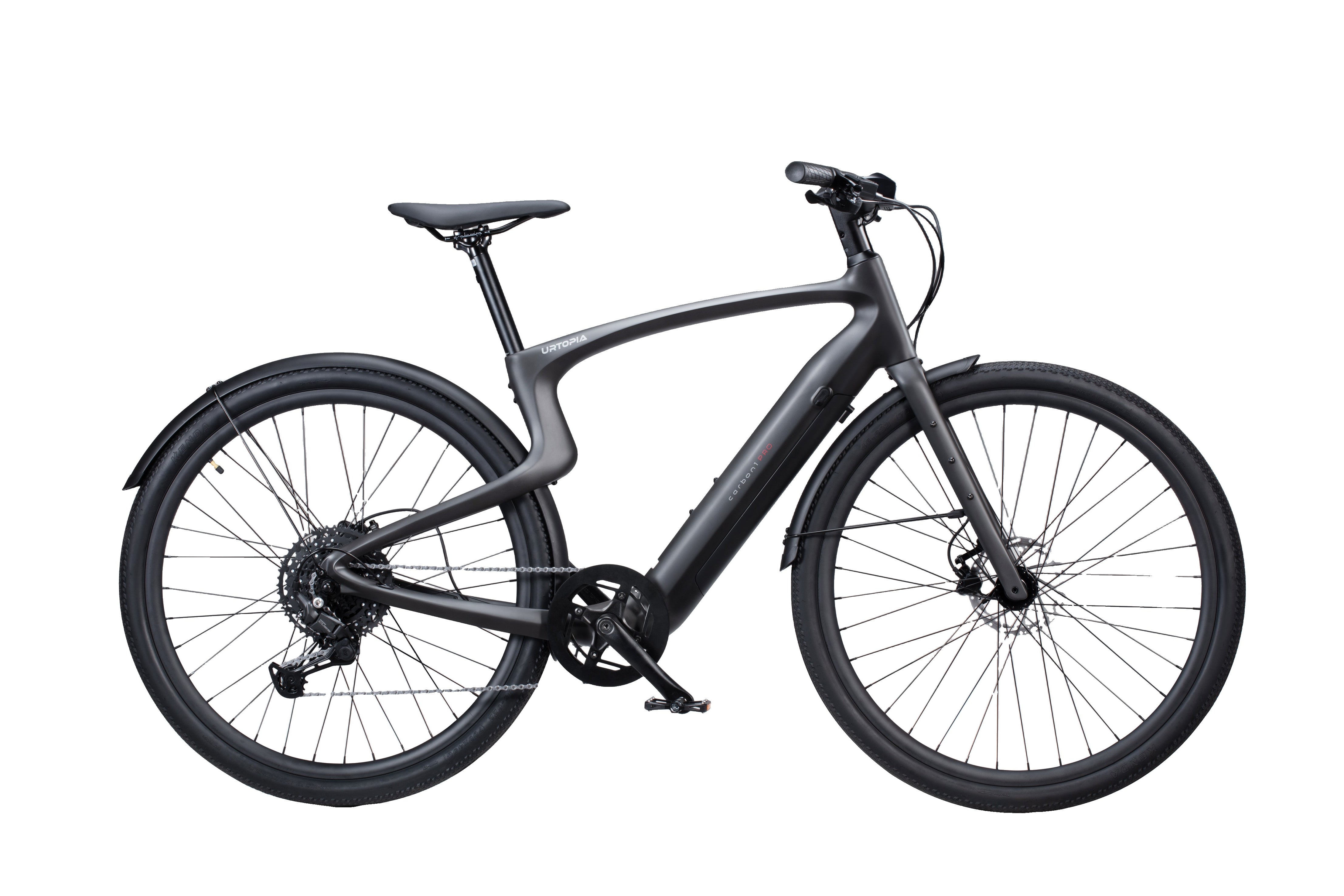 Urtopia Carbon 1 Pro in Schwarz, Seitenansicht des leichten Carbon-E-Bikes vor weißem Hintergrund