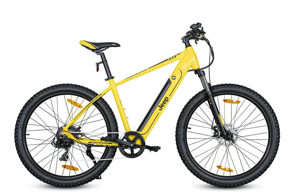 Jeep Mountain E-Bike MHR in Gelb, Seitenansicht mit Offroad-Ausstattung