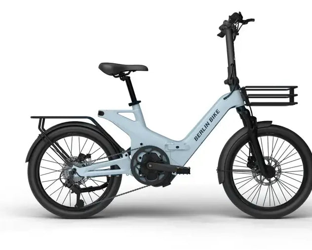 Berlin Bike 2GO E-Bike, Seitenansicht in Hellgrün mit kompaktem und faltbarem Design, ideal für städtische Mobilität