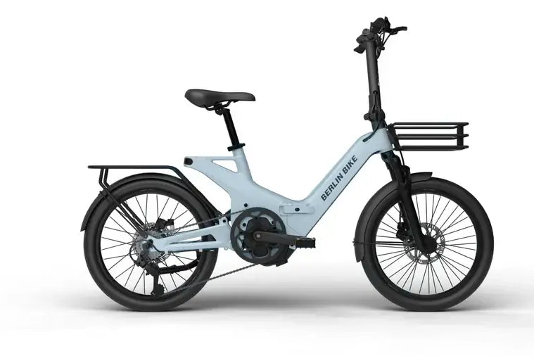 Berlin Bike 2GO E-Bike, Seitenansicht in Hellgrün mit kompaktem und faltbarem Design, ideal für städtische Mobilität