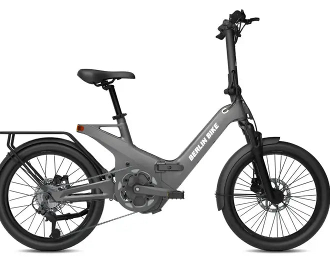 Berlin Bike 2GO E-Bike, Seitenansicht in Grau mit kompaktem und faltbarem Design, ideal für städtische Mobilität