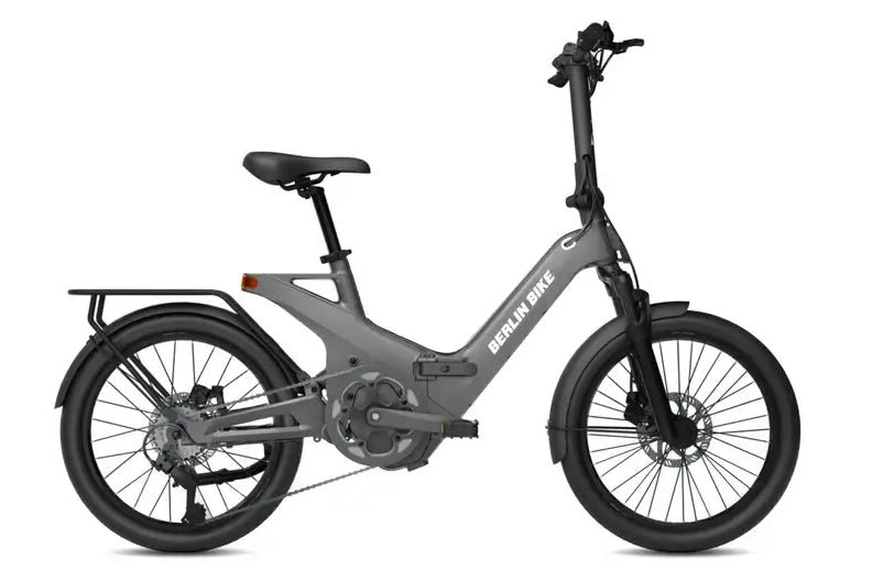 Berlin Bike 2GO E-Bike, Seitenansicht in Grau mit kompaktem und faltbarem Design, ideal für städtische Mobilität