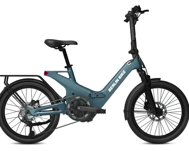 Berlin Bike 2GO E-Bike, Seitenansicht in Dunkelblau mit kompaktem und faltbarem Design, ideal für städtische Mobilität