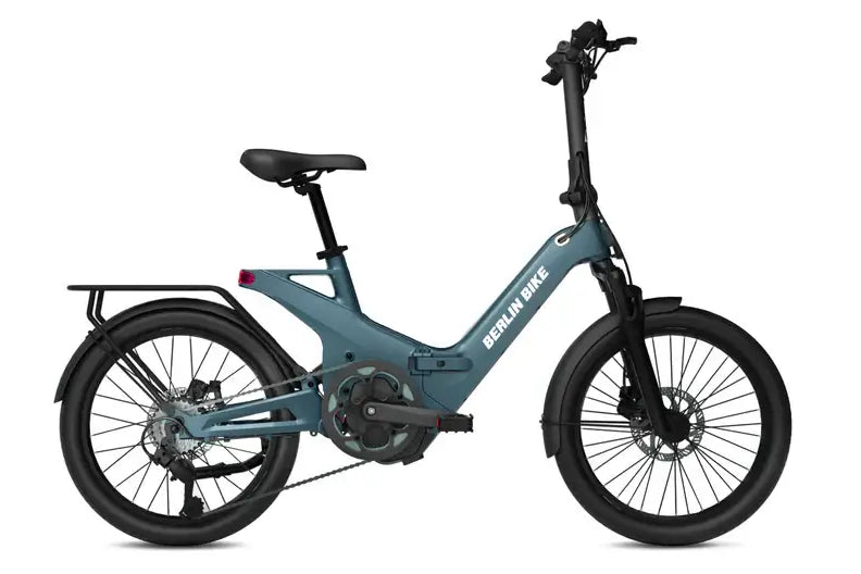 Berlin Bike 2GO E-Bike, Seitenansicht in Dunkelblau mit kompaktem und faltbarem Design, ideal für städtische Mobilität