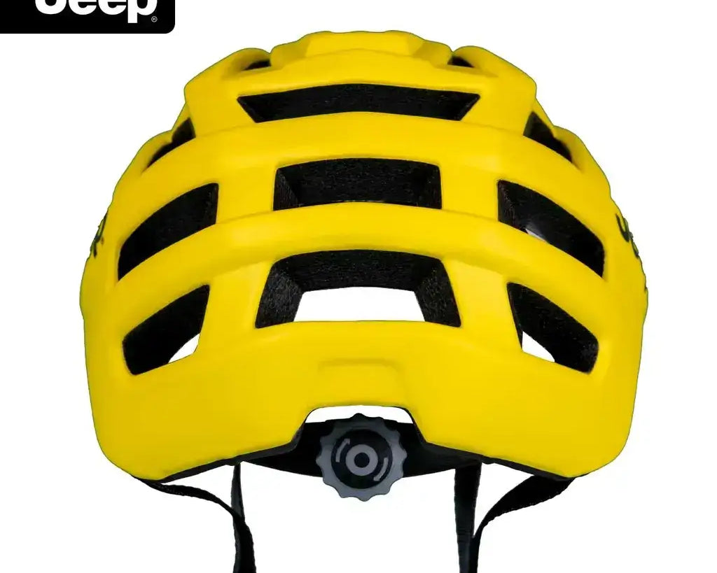 Rückansicht des gelben Jeep E-Bikes Helm Pro mit gut sichtbaren Belüftungsschlitzen