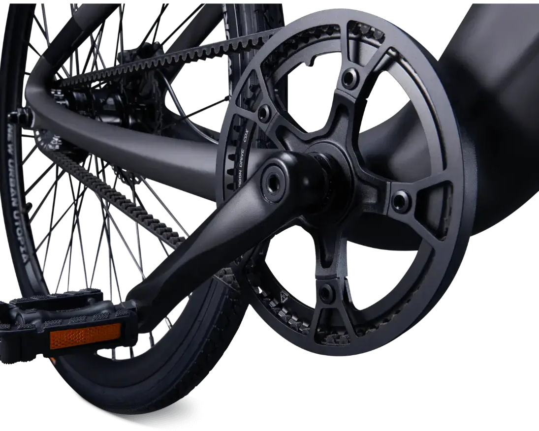 Hinterrad des Urtopia Carbon 1 mit Schaltwerk und Scheibenbremse für präzise Kontrolle und Leistung