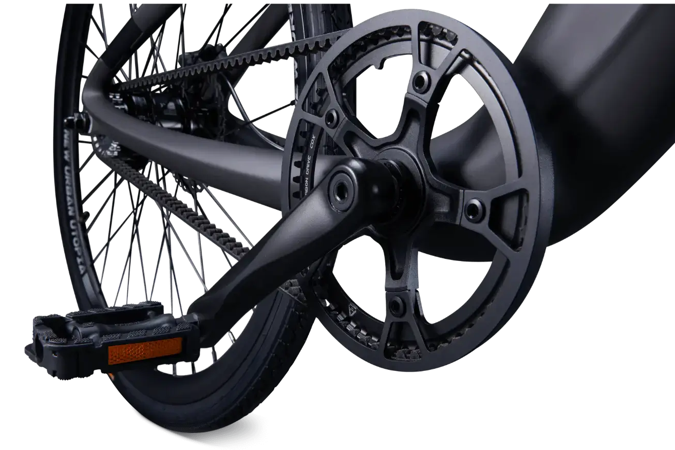 Hinterrad des Urtopia Carbon 1 mit Schaltwerk und Scheibenbremse für präzise Kontrolle und Leistung