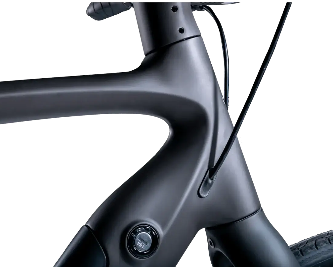 Detailaufnahme des Oberrohrs des Urtopia Carbon 1 mit nahtlosem Design und stilvollen Akzenten