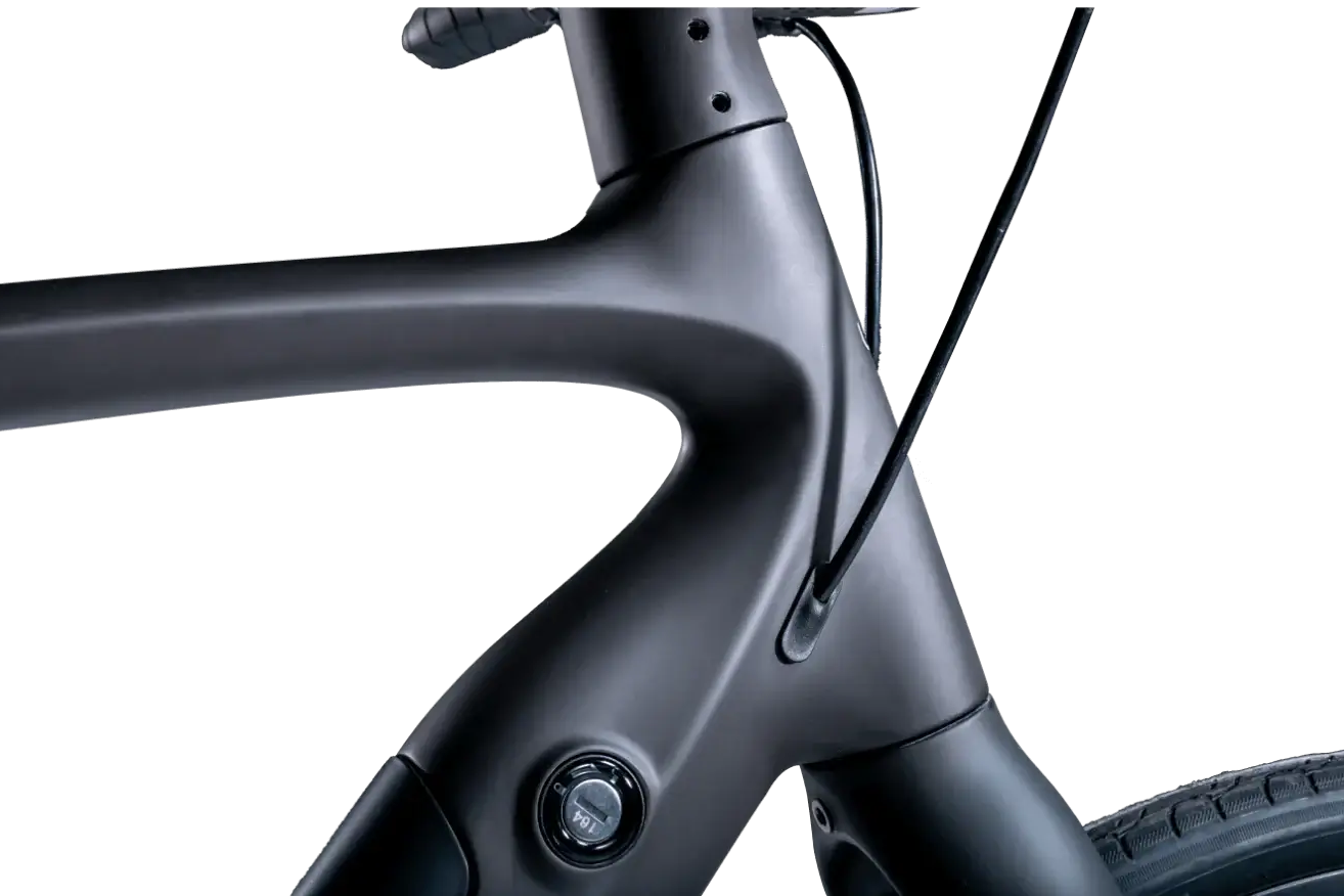Detailaufnahme des Oberrohrs des Urtopia Carbon 1 mit nahtlosem Design und stilvollen Akzenten