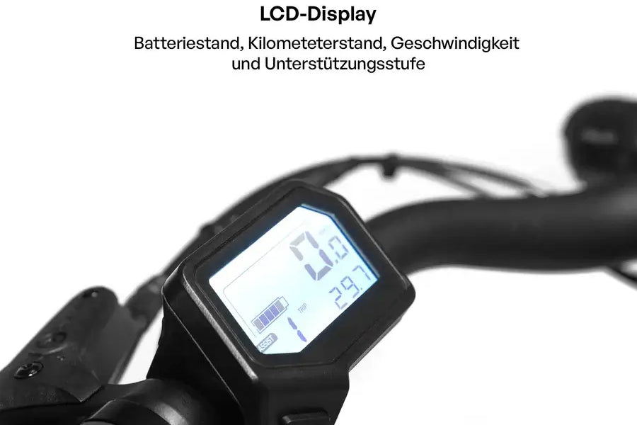Detailaufnahme des Lenkers und Displays des Berlin Bikes SUV E-Bikes für einfache Steuerung und Überblick