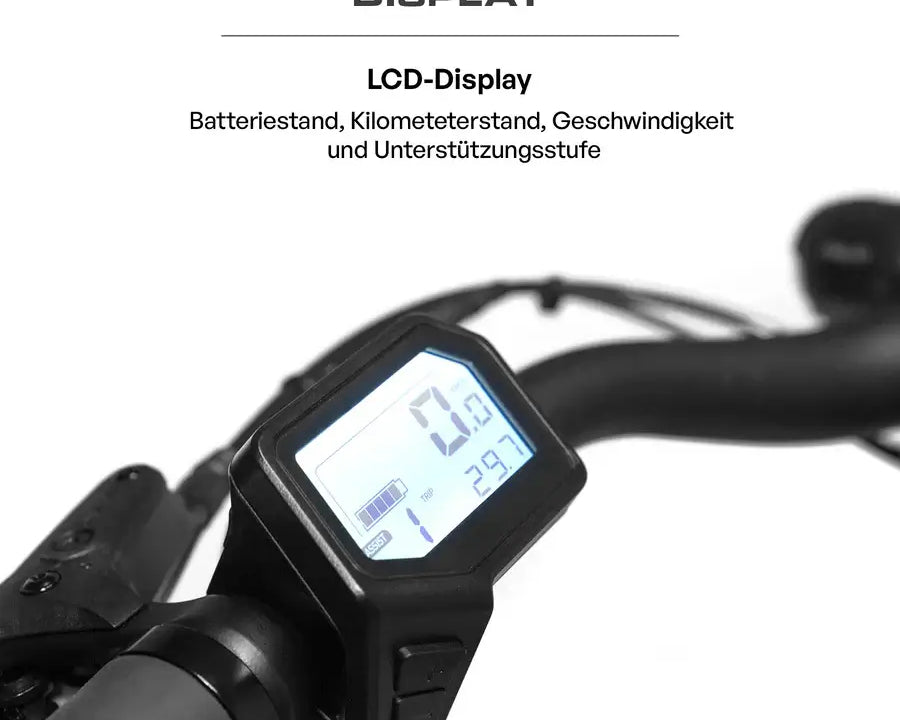 Detailaufnahme des Lenkers und Displays des Berlin Bikes SUV E-Bikes für einfache Steuerung und Überblick