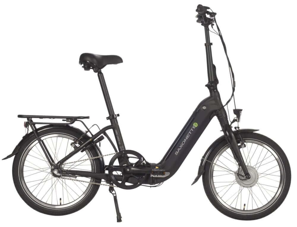 Saxonette Compact Comfort Plus 2.0 in Schwarz Seitenansicht, kompaktes Falt-Citybike