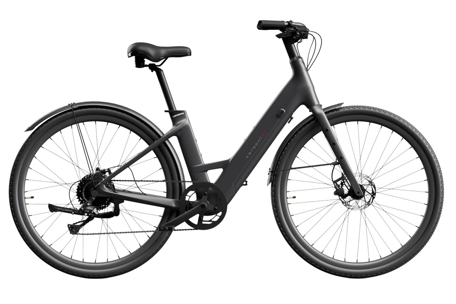 Urtopia Carbon 1 ST in Schwarz, Seitenansicht des leichten Carbon-E-Bikes mit Tiefeinstieg