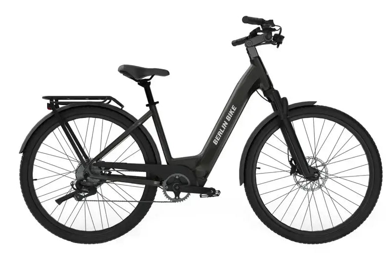 E-Bike Berlin Bike SUV in modern Schwarz mit stabilen Reifen und niedrigem Einstieg. Ideal für städtische Fahrten.