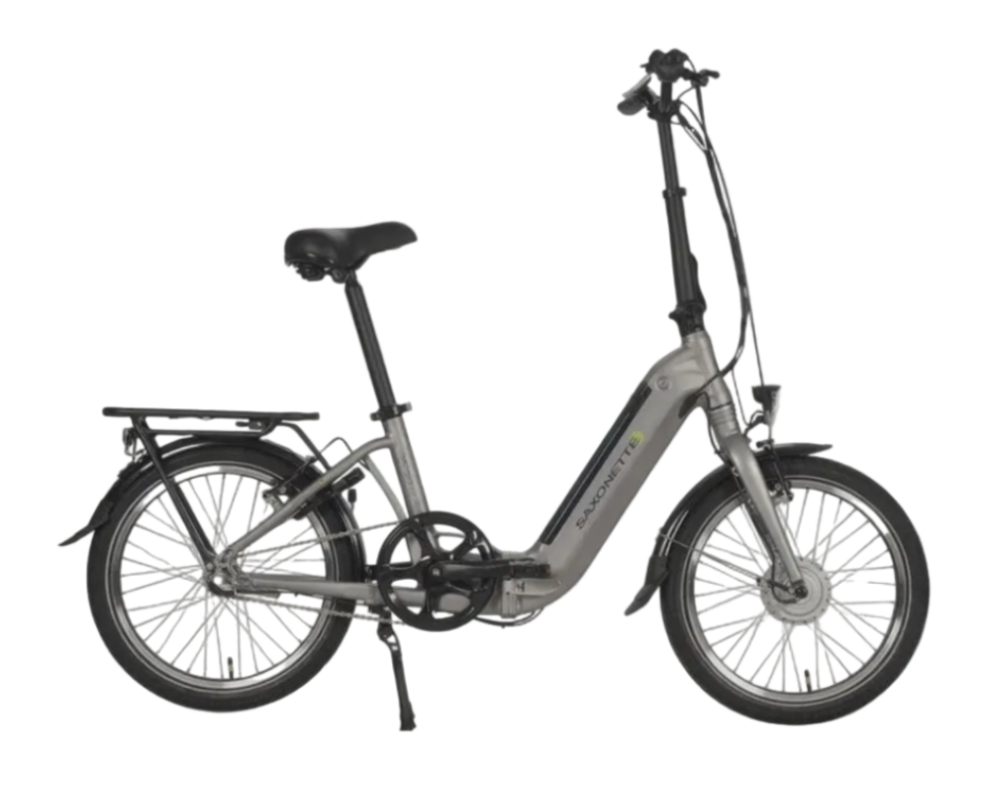 Seitenansicht des Saxonette Compact Comfort Plus 2.0 Falt-E-Bikes mit ausgeklapptem Rahmen
