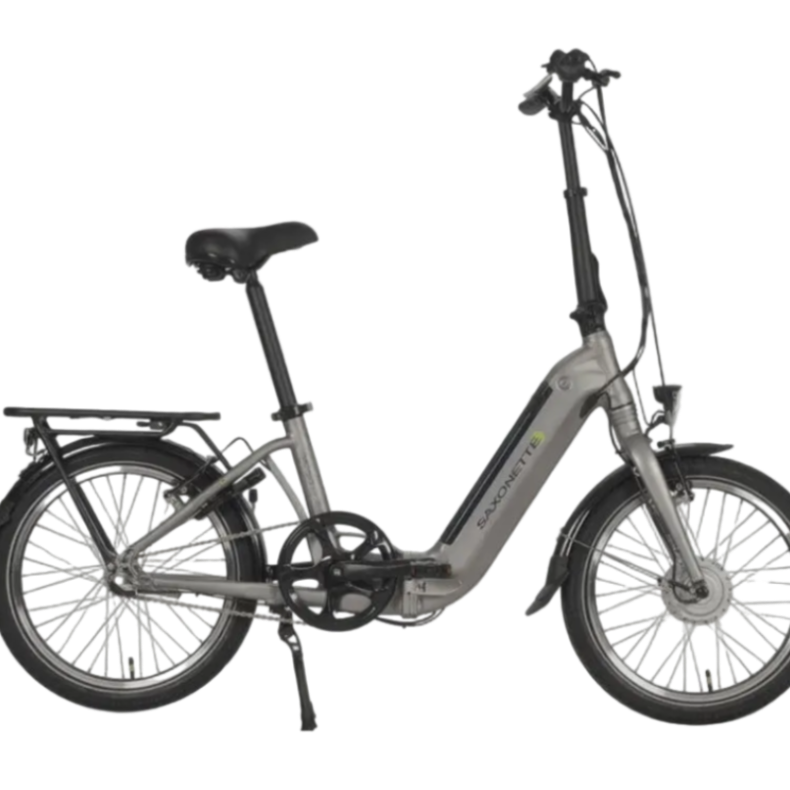 Seitenansicht des Saxonette Compact Comfort Plus 2.0 Falt-E-Bikes mit ausgeklapptem Rahmen