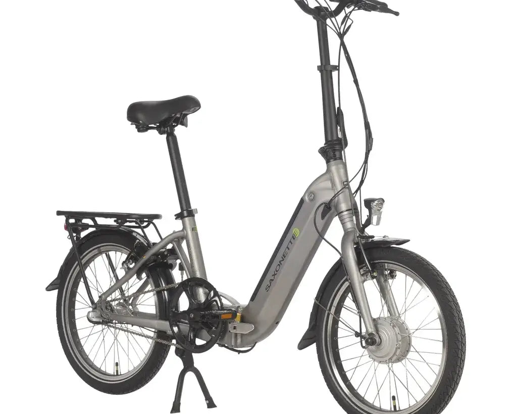 Seitenansicht des Saxonette Compact Comfort Plus 2.0 Falt-E-Bikes in Silber matt