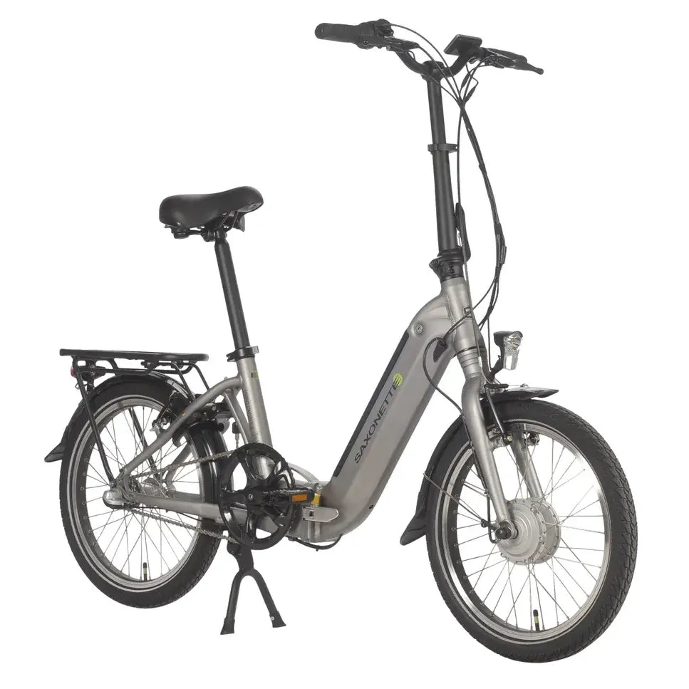 Seitenansicht des Saxonette Compact Comfort Plus 2.0 Falt-E-Bikes in Silber matt