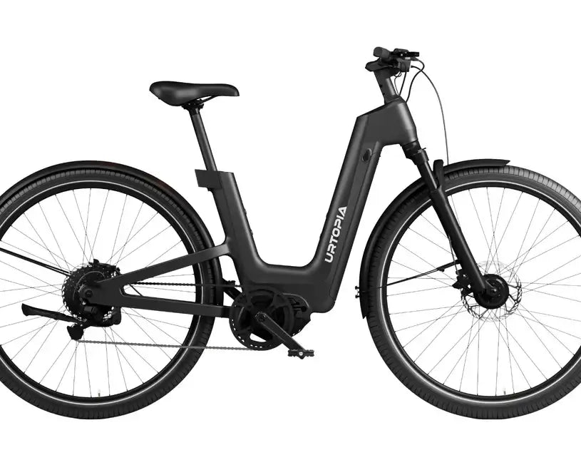 Urtopia Fusion E-SUV, Seitenansicht in Schwarz, mit robustem Rahmen und Geländereifen