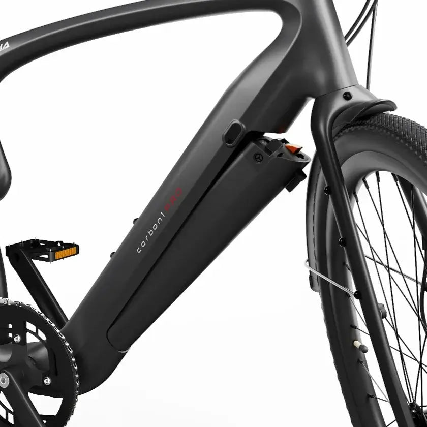 Detailaufnahme des Rahmens und Hinterrads des Urtopia Carbon 1 Pro, mit präzisem Schaltwerk und Scheibenbremse