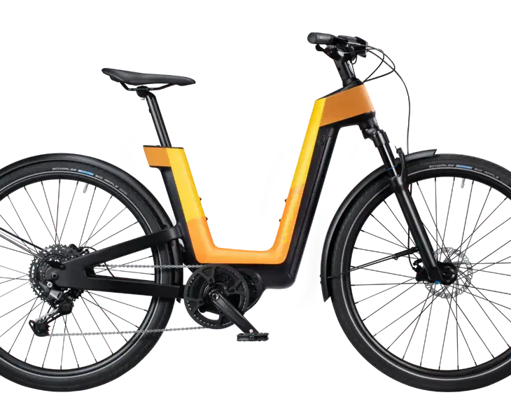 Urtopia Fusion E-SUV, Seitenansicht in Orange, mit luxuriösem Finish und robuster Bauweise