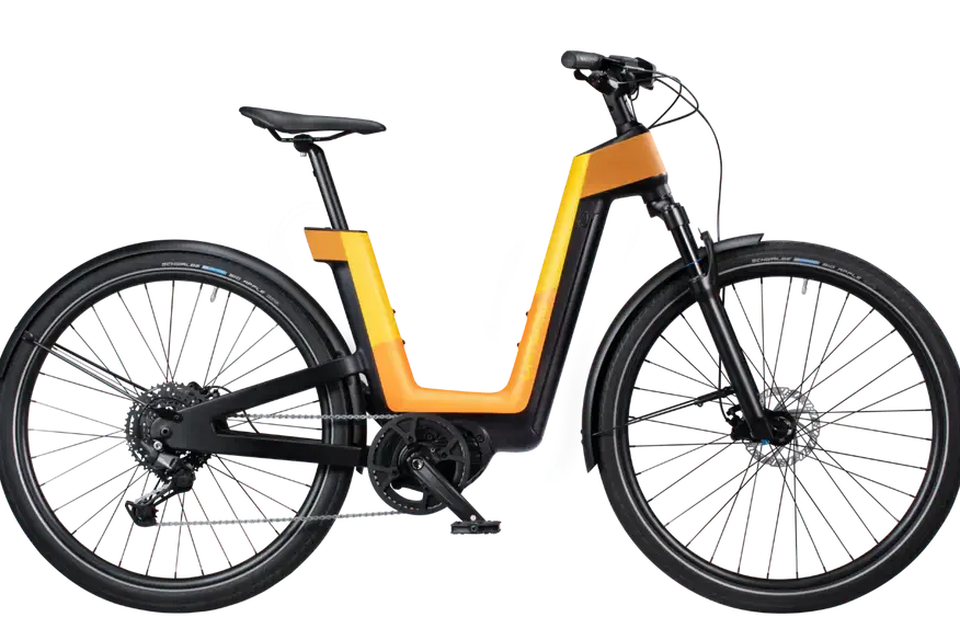 Urtopia Fusion E-SUV, Seitenansicht in Orange, mit luxuriösem Finish und robuster Bauweise