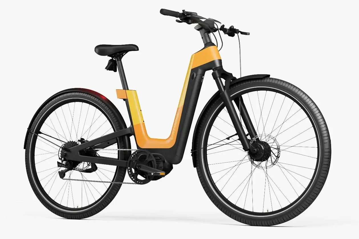 Urtopia Fusion E-SUV, Vorderansicht in Orange, betont das stilvolle Design und die All-Terrain-Fähigkeiten