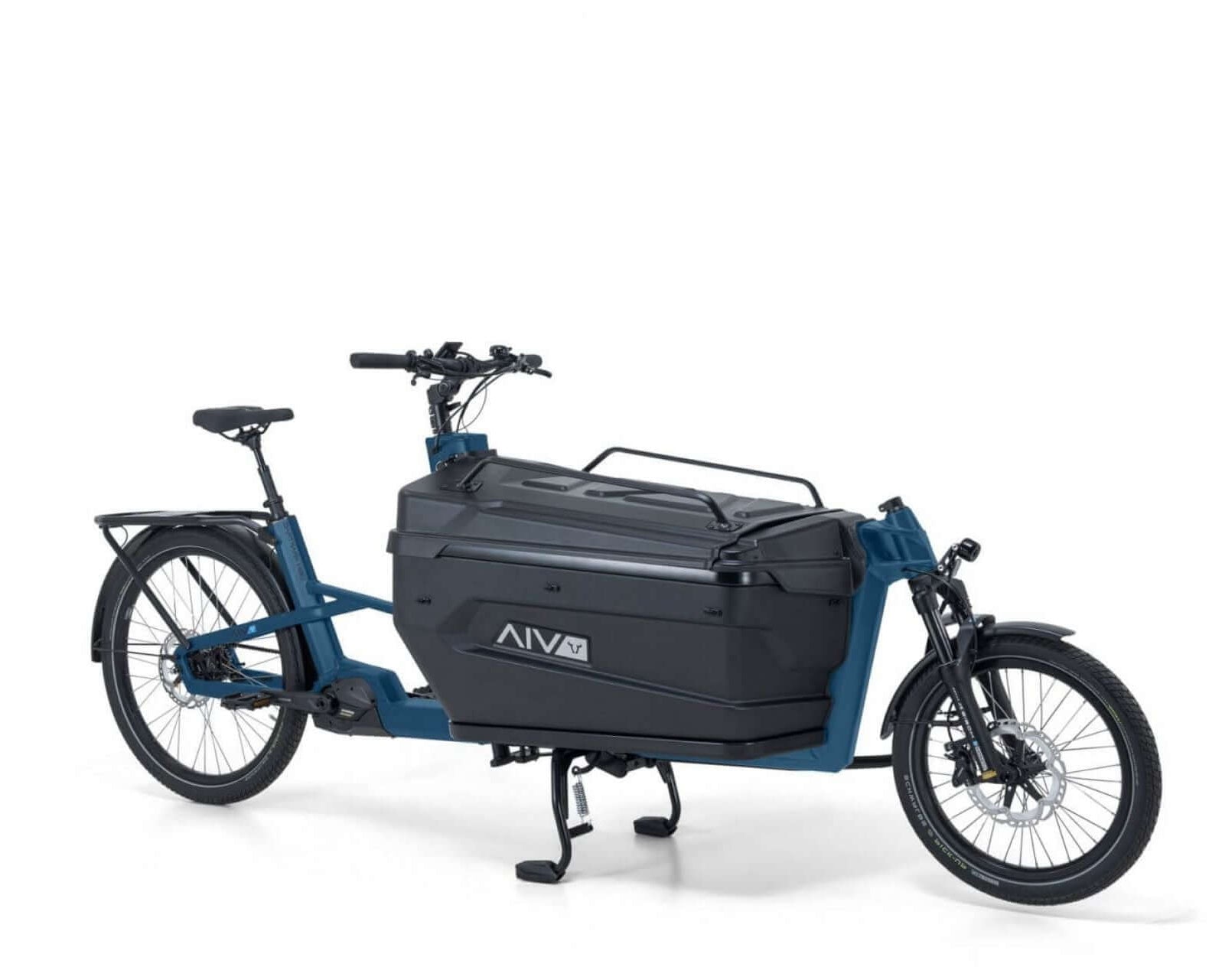 VIA Cargo E-Lastenrad in Blau mit großem Lastenbehälter für Transport und Freizeit.