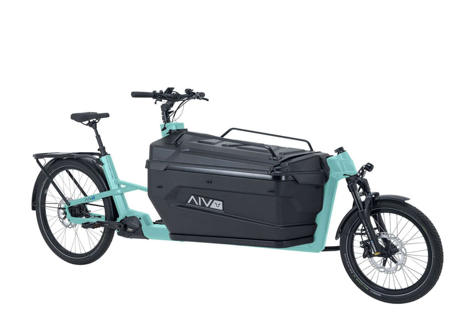 VIA Cargo E-Lastenrad in Mintgrün mit großem Stauraum für leichte Transporte.