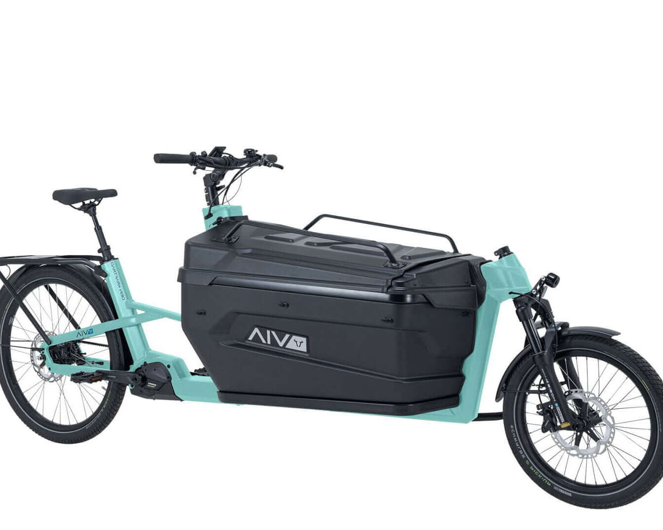 VIA Cargo E-Lastenrad in Mintgrün mit großem Stauraum für leichte Transporte.