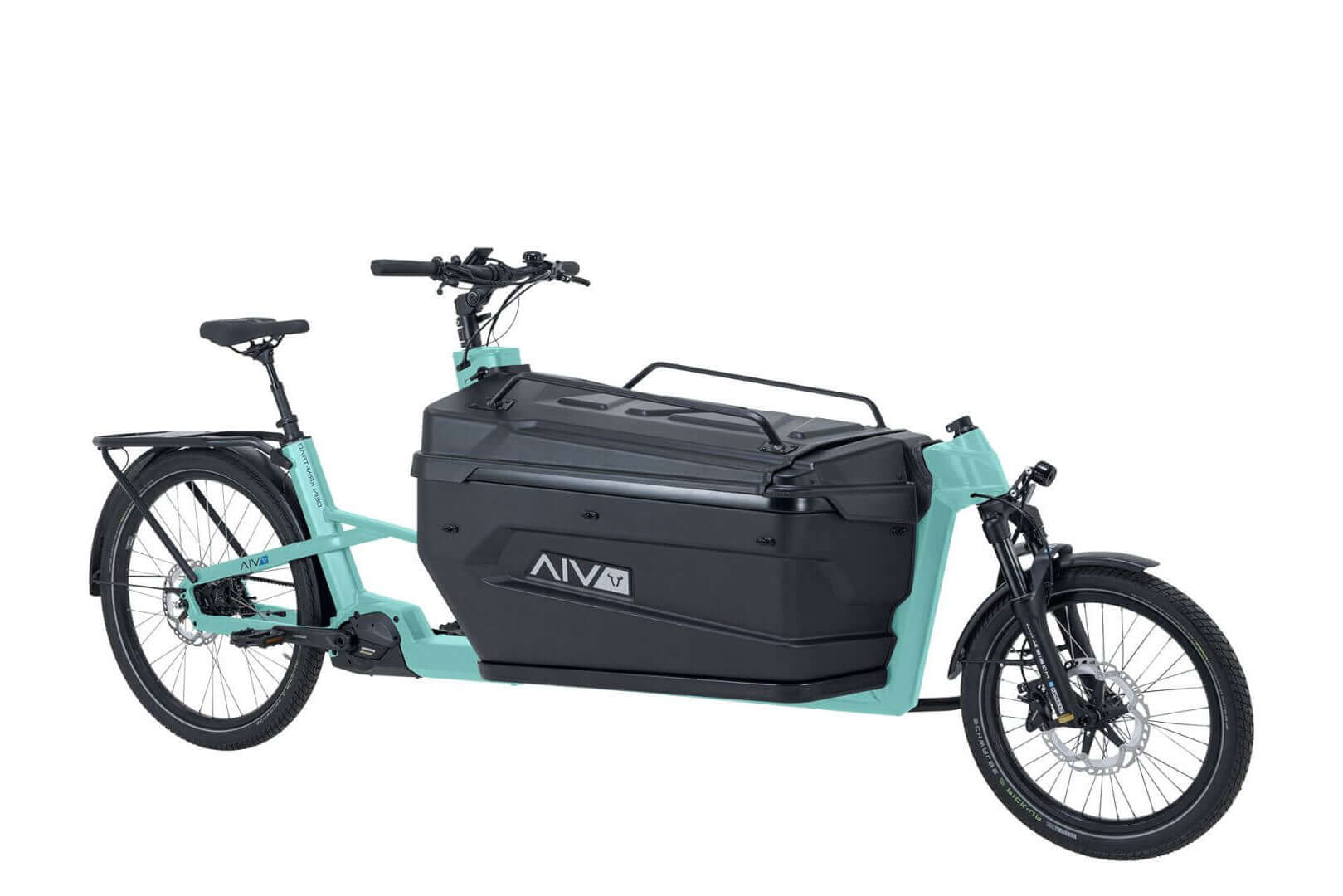 VIA Cargo E-Lastenrad in Mintgrün mit großem Stauraum für leichte Transporte.