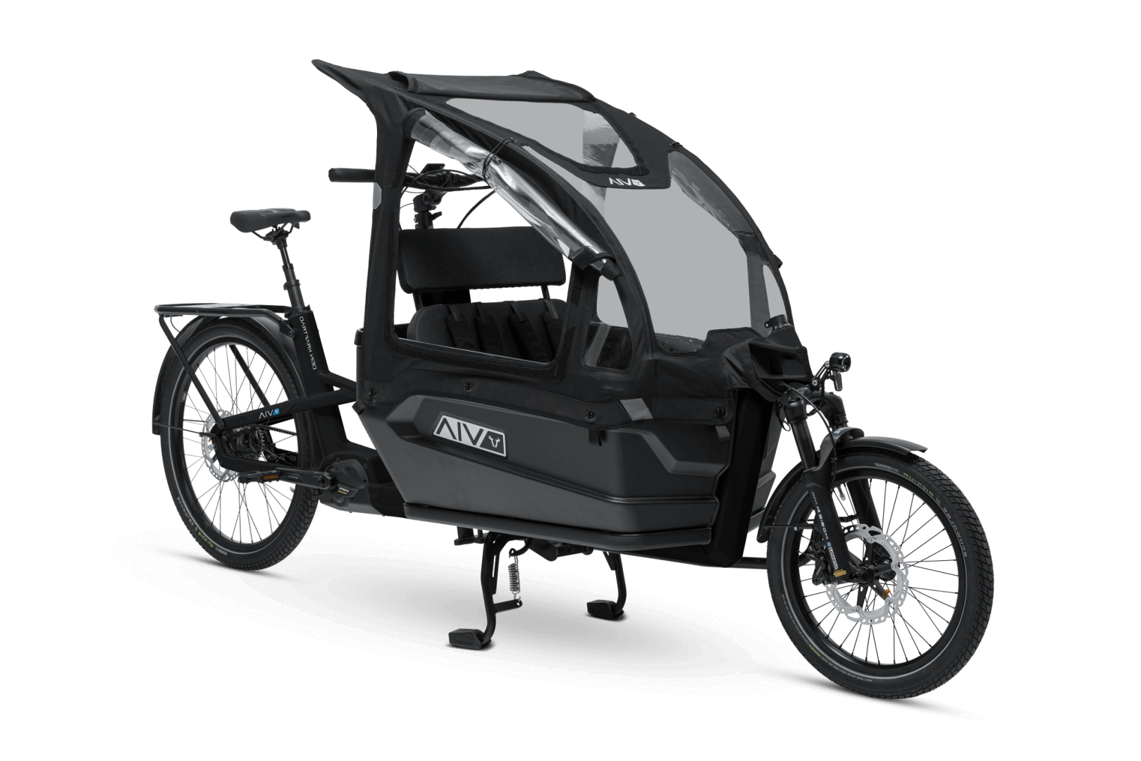 VIA Family E-Lastenrad mit Regenschutz für sicheres Transportieren von Kindern und Einkäufen in der Stadt.