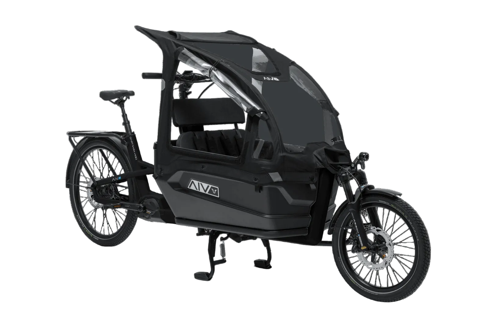 VIA Family E-Lastenrad mit Regenschutz für sicheres Transportieren von Kindern und Einkäufen in der Stadt.