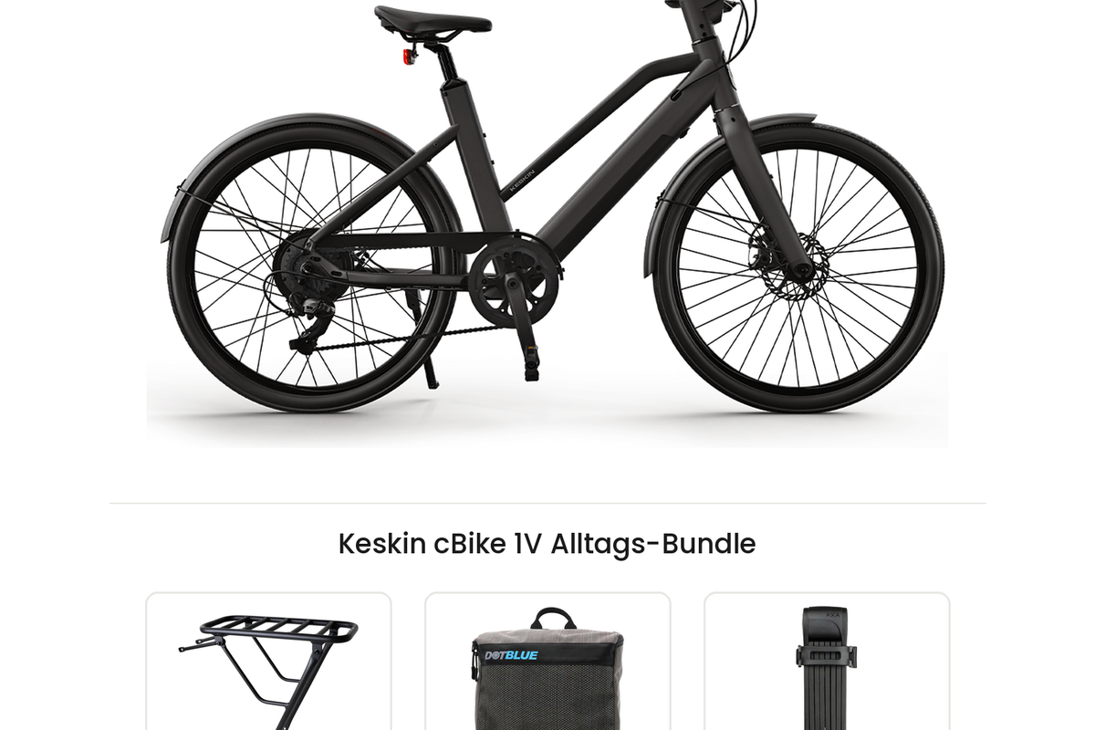 Keskin cBike 1V Alltags-Bundle: City-E-Bike mit hinterem Keskin Gepäckträger, DotBlue Lenkertasche LT200 und AXA Fold Lite 100 Faltschloss