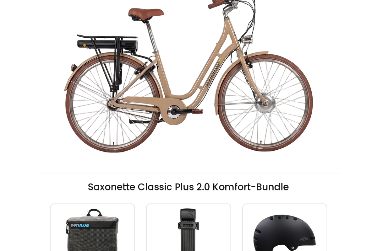 Saxonette Classic Plus 2.0 Komfort-Bundle: Retro-E-Bike mit DotBlue Lenkertasche LT200, AXA Fold Lite 100 Faltschloss und Lazer Armor 2.0 Helm