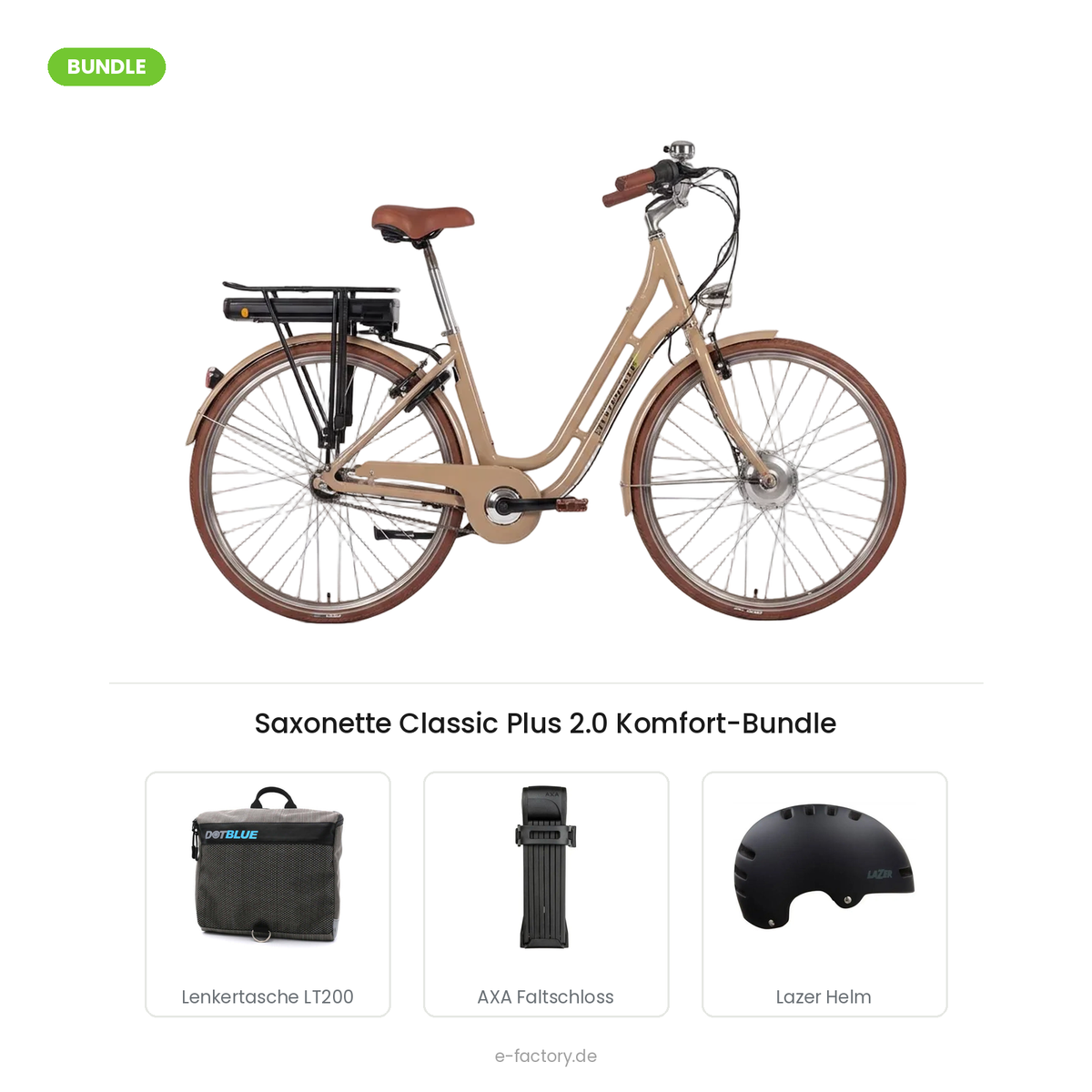 Saxonette Classic Plus 2.0 Komfort-Bundle: Retro-E-Bike mit DotBlue Lenkertasche LT200, AXA Fold Lite 100 Faltschloss und Lazer Armor 2.0 Helm