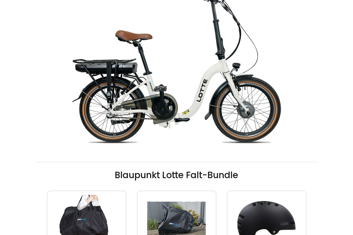 Blaupunkt Lotte Falt-Bundle: 20-Zoll-Falt-E-Bike mit DotBlue Transporttasche TT20, Fahrradgarage und Lazer Armor 2.0 Helm