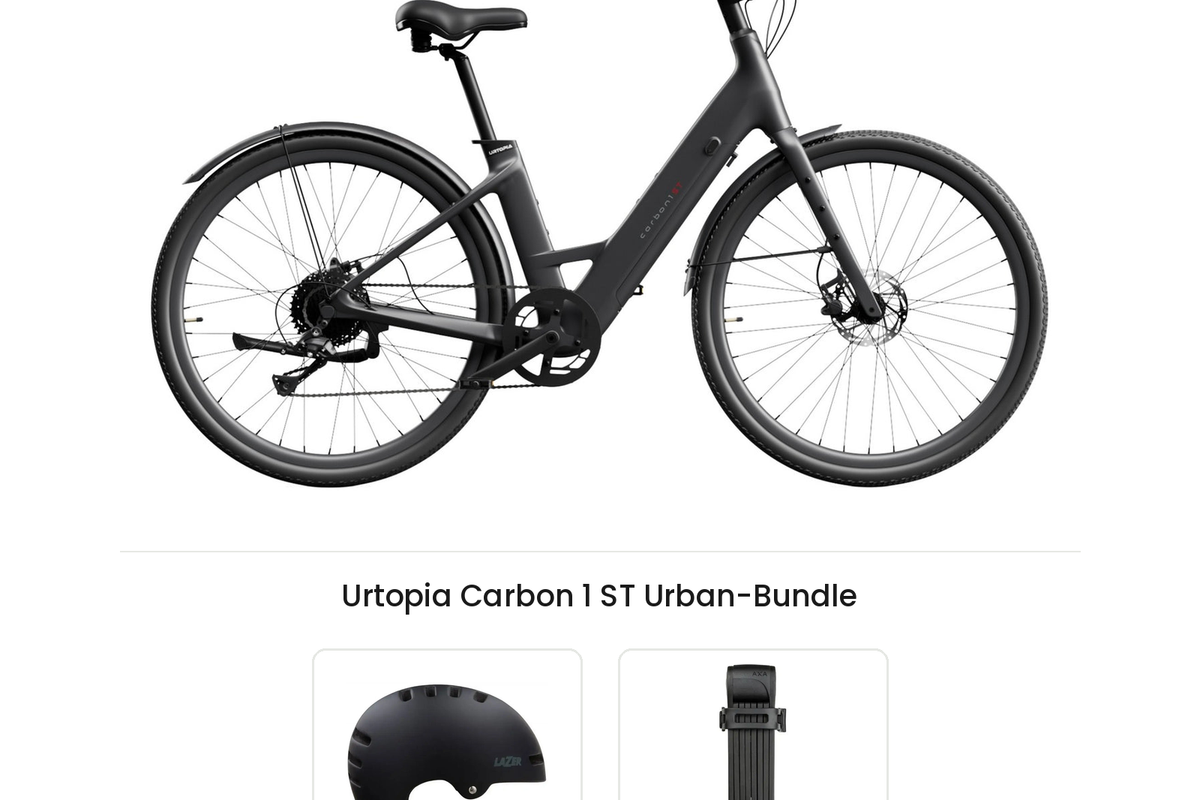 Urtopia Carbon 1 ST Urban-Bundle: Carbon-E-Bike mit Lazer Armor 2.0 Helm und AXA Fold Lite 100 Faltschloss