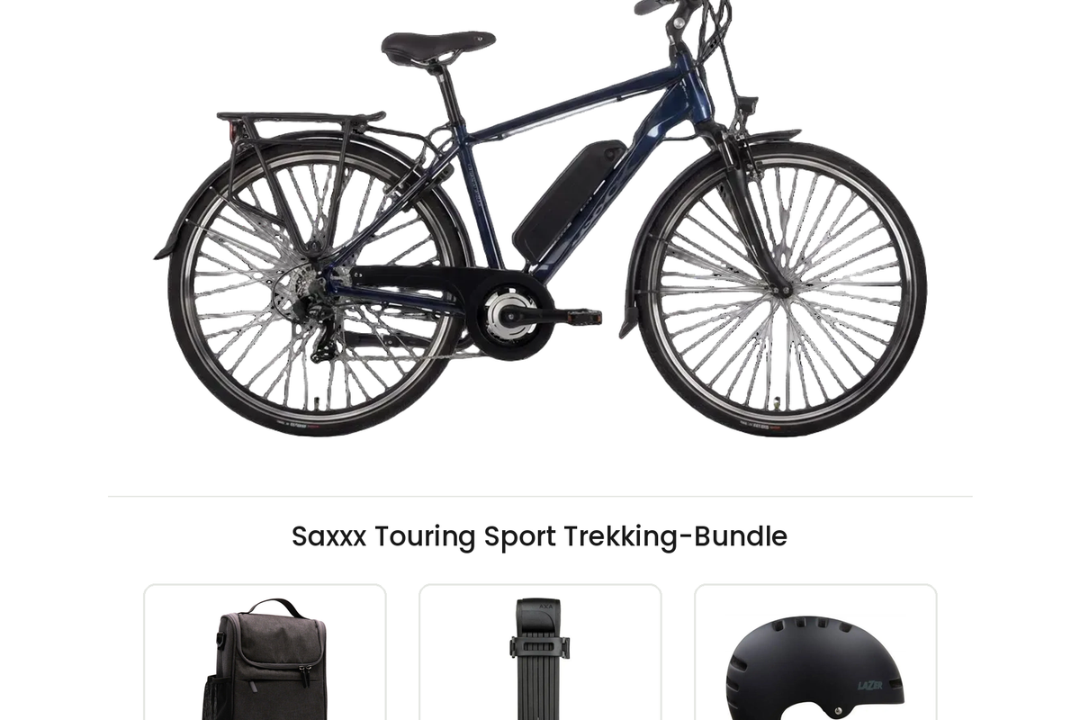 Saxxx Touring Sport Trekking-Bundle: E-Trekkingbike mit DotBlue Lenkertasche LT300, AXA Fold Lite 100 Faltschloss und Lazer Armor 2.0 Helm