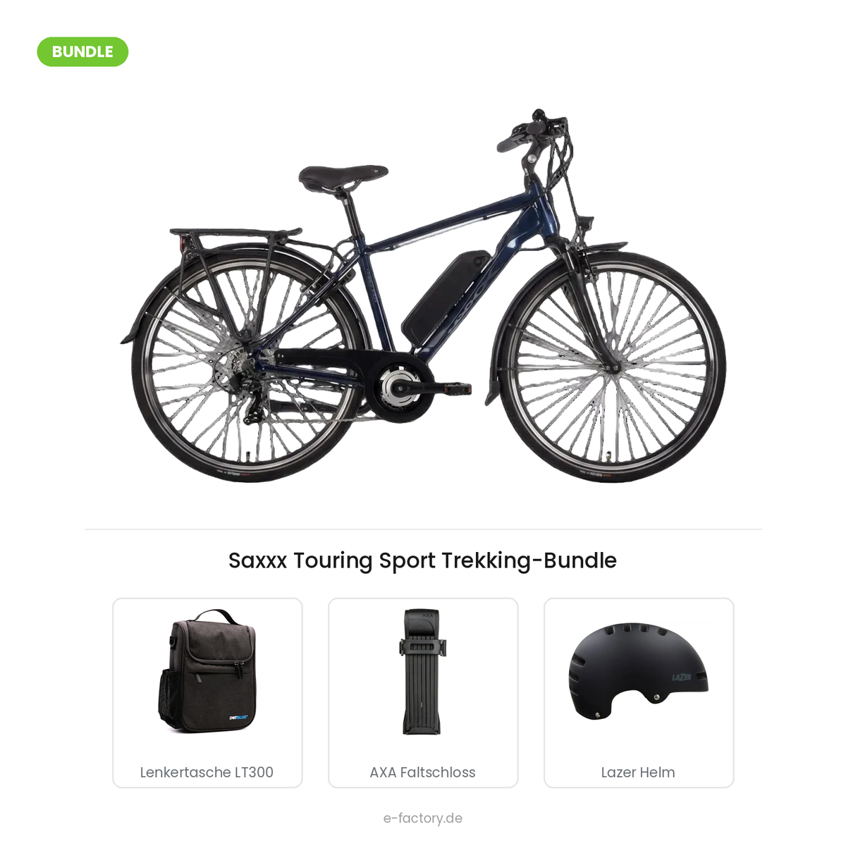 Saxxx Touring Sport Trekking-Bundle: E-Trekkingbike mit DotBlue Lenkertasche LT300, AXA Fold Lite 100 Faltschloss und Lazer Armor 2.0 Helm
