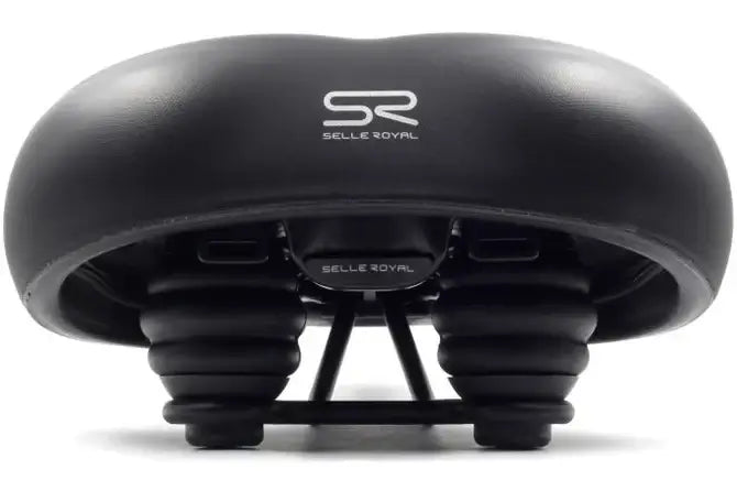 Unteransicht des Selle Royal Torx E-Bike Sattels in Schwarz, zeigt die robuste Federung und Befestigung für maximale Stabilität