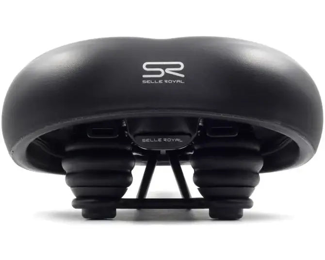 Unteransicht des Selle Royal Torx E-Bike Sattels in Schwarz, zeigt die robuste Federung und Befestigung für maximale Stabilität