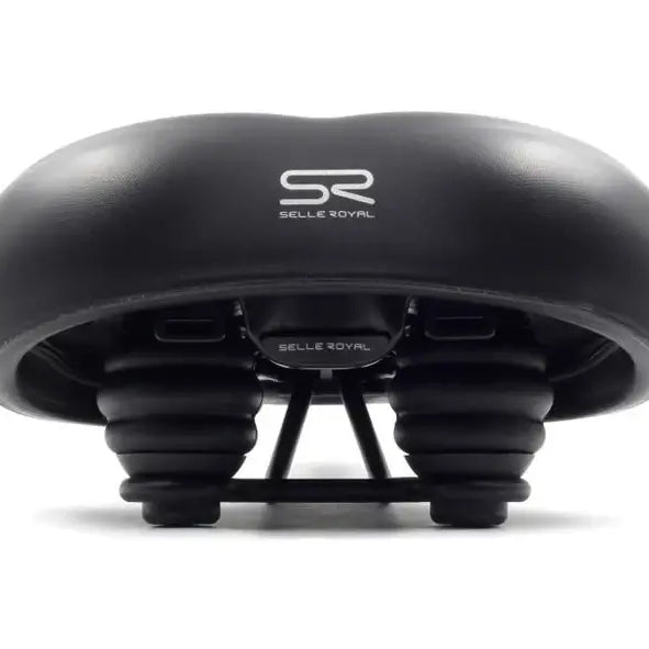 Unteransicht des Selle Royal Torx E-Bike Sattels in Schwarz, zeigt die robuste Federung und Befestigung für maximale Stabilität