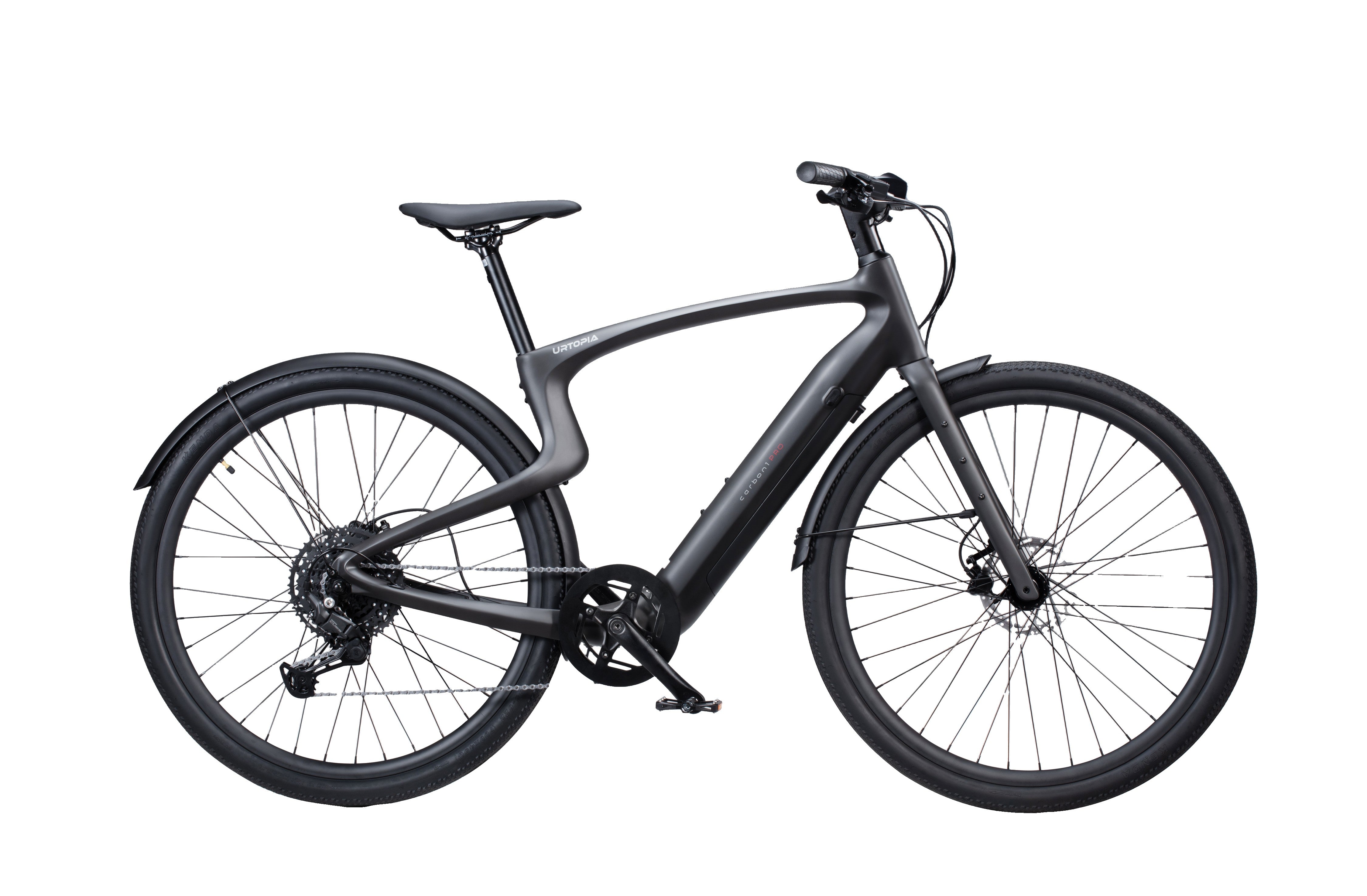 Urtopia Carbon 1 Pro in Schwarz, Seitenansicht des leichten Carbon-E-Bikes vor weißem Hintergrund