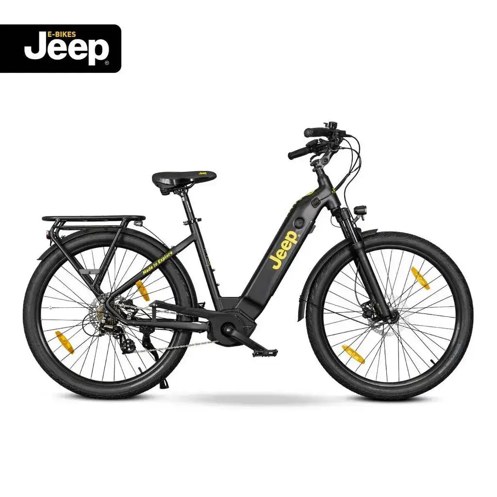 Jeep SUV E-Bike ULM 7000, Seitenansicht mit Vorderrad und Hinterrad sowie robustem Rahmen für vielseitige Nutzung