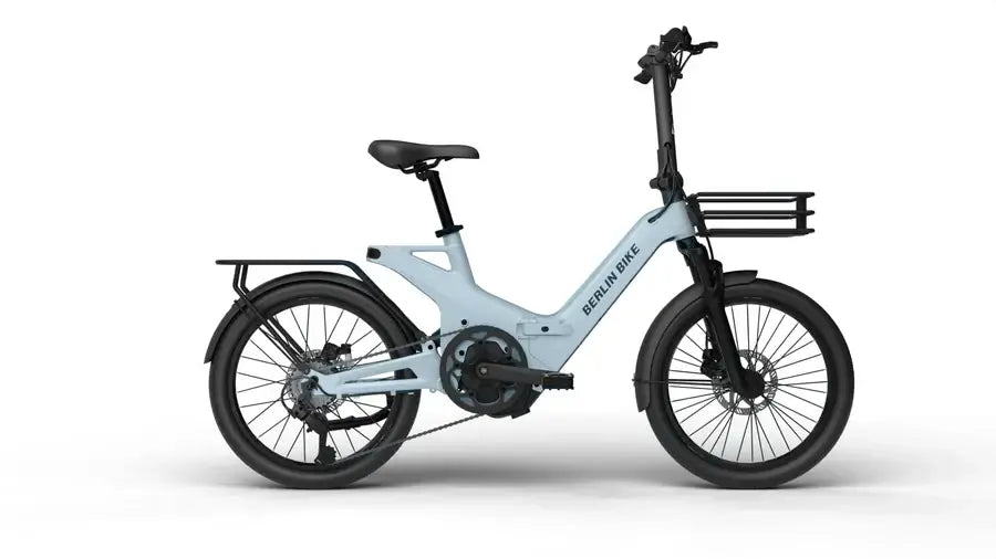 Berlin Bike 2GO E-Bike, Seitenansicht in Hellgrün mit kompaktem und faltbarem Design, ideal für städtische Mobilität