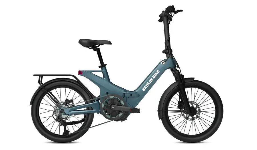 Berlin Bike 2GO E-Bike, Seitenansicht in Dunkelblau mit kompaktem und faltbarem Design, ideal für städtische Mobilität