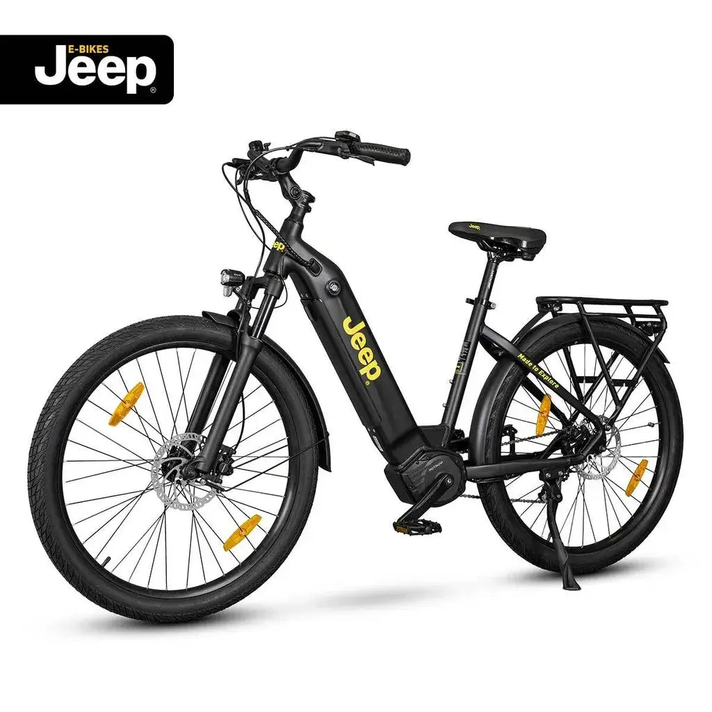 Jeep SUV E-Bike ULM 7000, Vorderansicht mit Federgabel, Vorderrad und breiten Reifen für Offroad-Fahrten