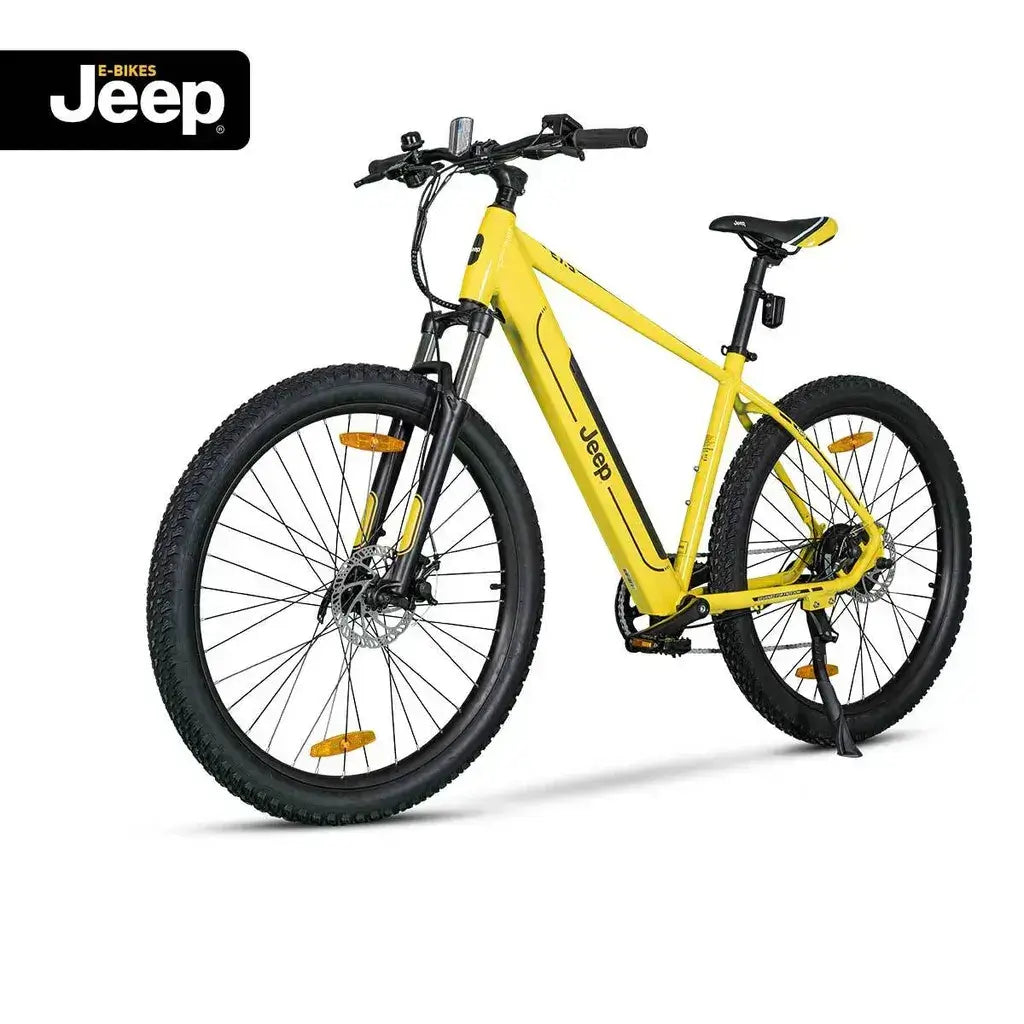 Jeep Mountain E-Bike MHR in Gelb, Vorderansicht mit Federgabel und großen Reifen