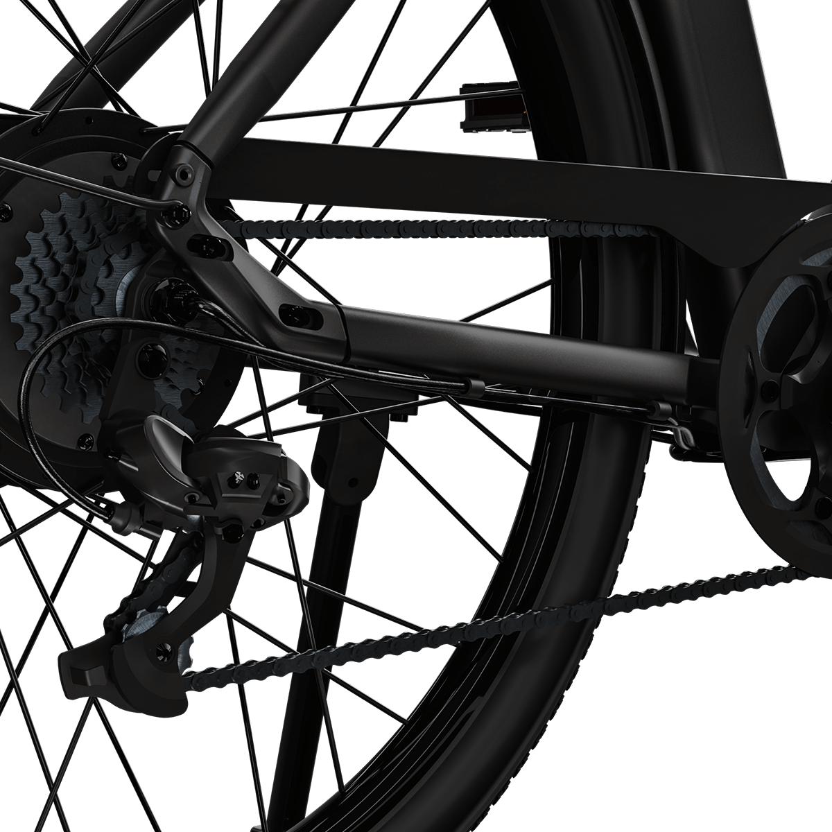 Detailansicht der Antriebskomponenten des Keskin E-Bike cBike 1, einschließlich Kette und Schaltwerk.